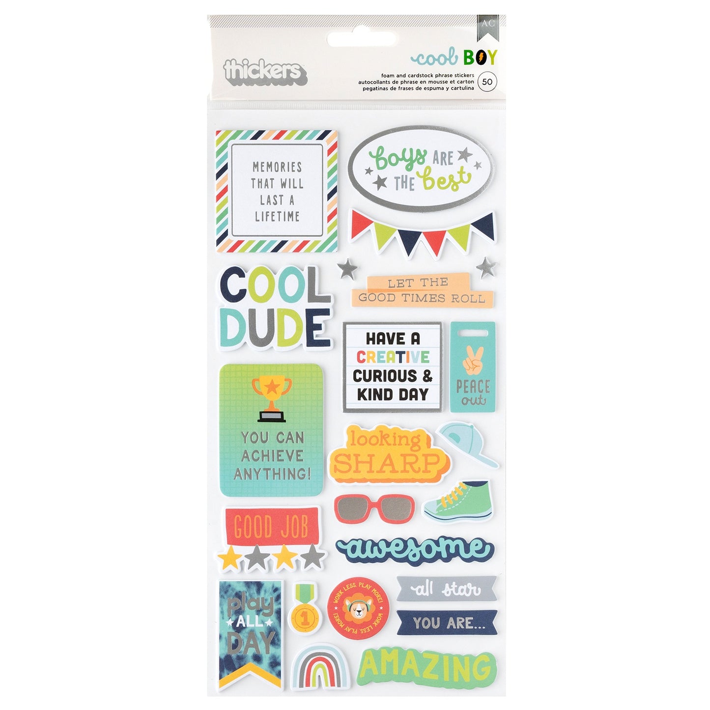 Pebbles Cool Boy Thickers Stickers 50/Pkg-Phrase, Silver Foil