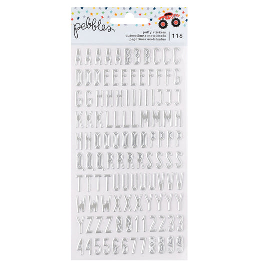 Pebbles Cool Boy Puffy Stickers-Alpha, Silver Foil