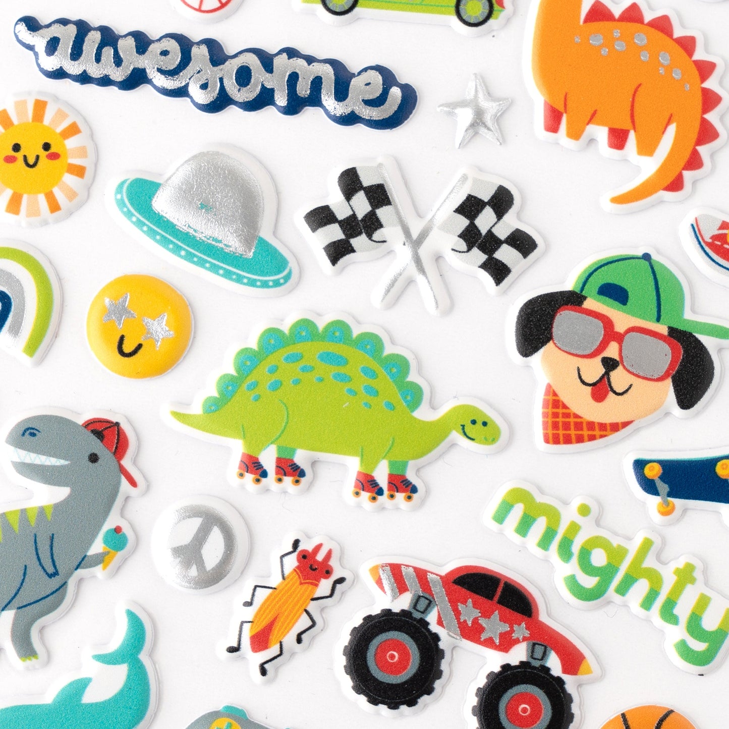 Pebbles Cool Boy Puffy Stickers 48/Pkg	Icons, Silver Foil