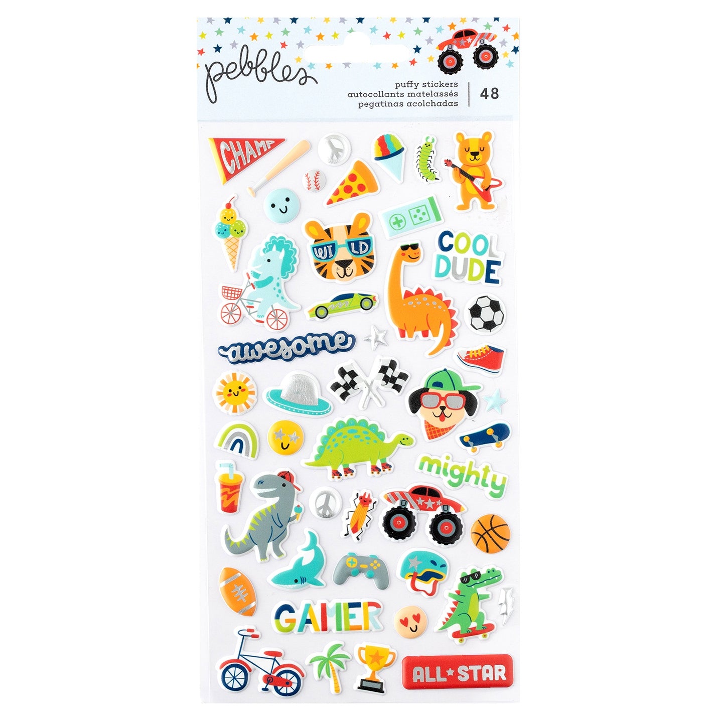 Pebbles Cool Boy Puffy Stickers 48/Pkg	Icons, Silver Foil