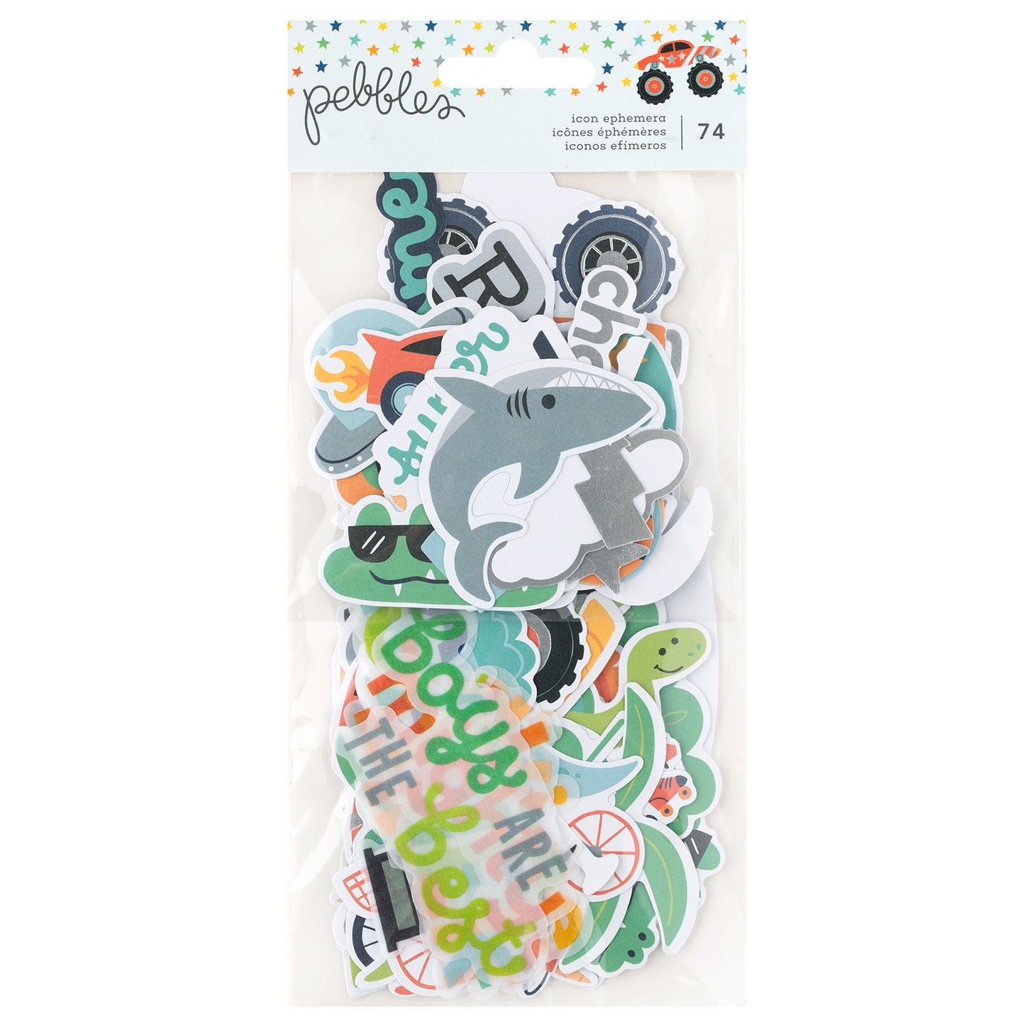 Pebbles Cool Boy Ephemera Die-Cuts 74/Pkg	Icons, Silver Foil